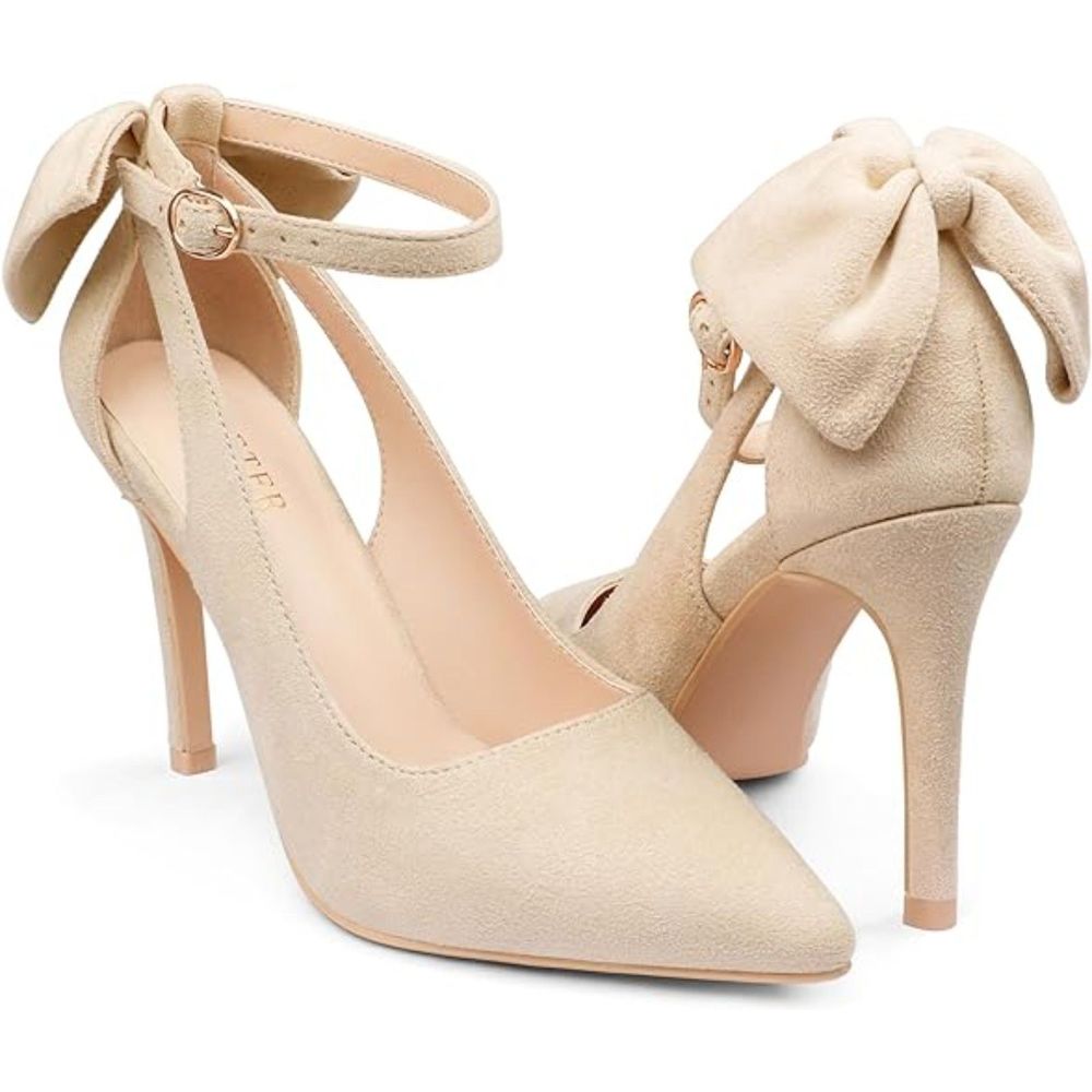 Womens Bow Knot Cream High Heels Pointed Toe Stiletto Ankle Strap D'Orsay Pumps